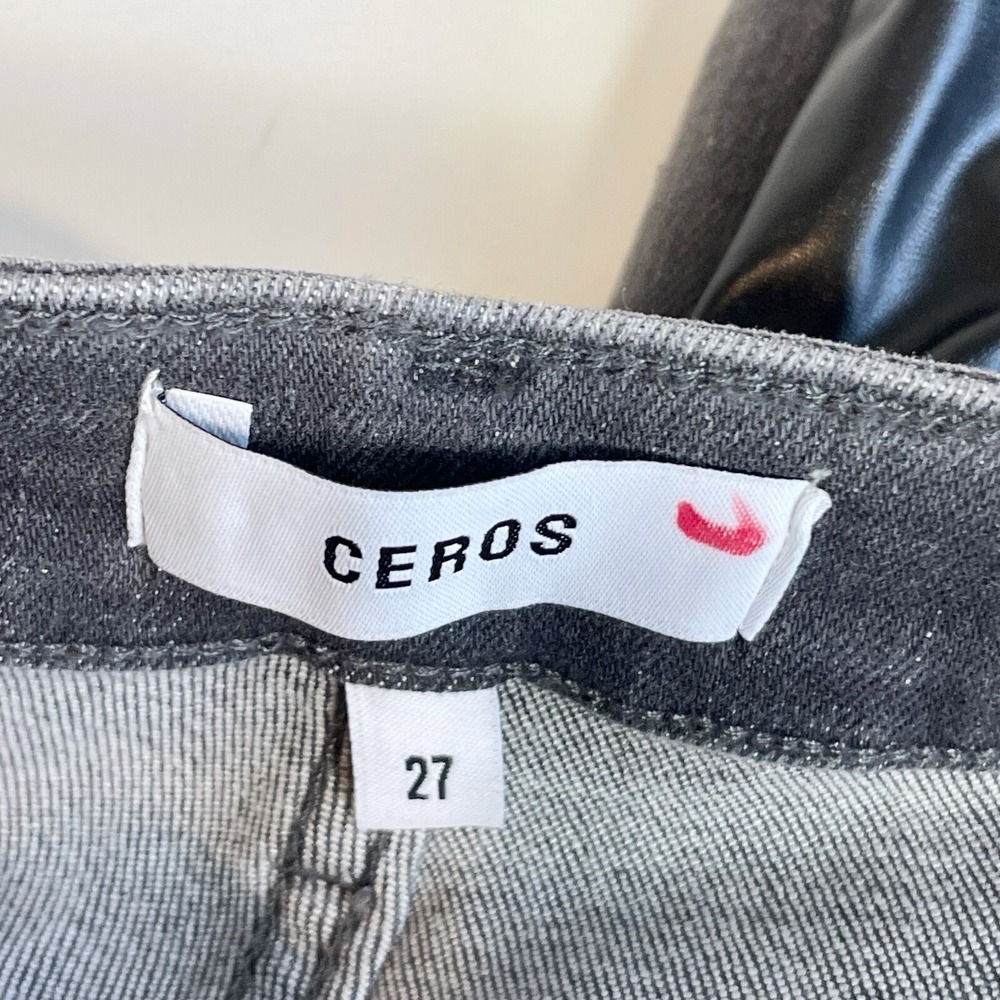 CEROS Womens Super High Rise Flare Jeans Distressed Gray 27 Leather Trim NEW - Picture 7 of 13